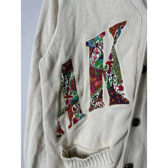 Akoo Roe Mens Cardigan Small Patchwork Varsity Preppy Animal Print Button Ivory - Picture 2 of 9